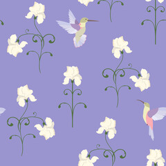 Seamless vector illustration with flowers of iris and hummingbirds