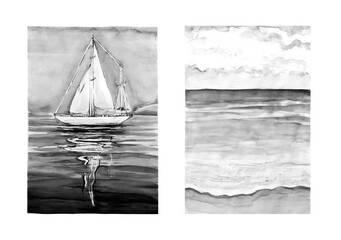 Collection Aquarelle painting of seaside. Hand drawing, illustration art.