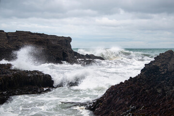 Huge waves crashing against the rocks at Piha beach, Waitakere, New Zealand
