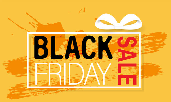 vector black friday sale with white ribbon and sqaure frame on yellow background.