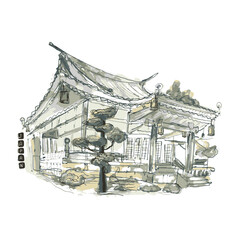 Japanese house watercolor paint hand drawn china home ink illustration