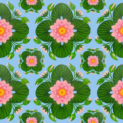 Seamless green and blue pattern with water lily flowers