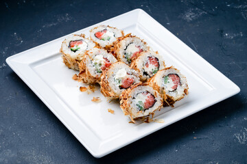 sushi roll close up for menu on grey background