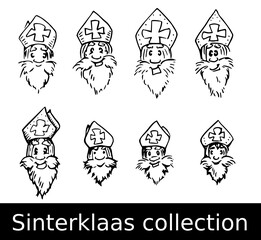 Funny Sinterklaas head illustrations in black lines.