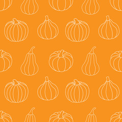 Seamless pattern with white outline pumpkins on a orange background. Vector illustration. For minimalistic background decoration, cards, banners, holiday designs, prints, wrappings, textiles, fabrics.