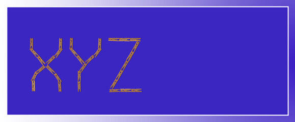 Aus kleinen Holzklammern gelegte Buchstaben XYZ vor einem lila Hintergrund