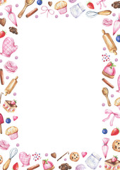 Hand painted in watercolor frame with kitchen items, cake, pastry. High quality illustration