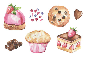 Collection of cakes, chocolate hand-drawn in watercolor and isolated on a white background. High quality illustration