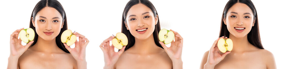Obraz na płótnie Canvas collage of asian woman holding halves of fresh apple isolated on white, panoramic orientation