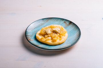 Freshly baked mini pizza сoca with chicken and onions. Traditional Spanish pastry with vegetables.