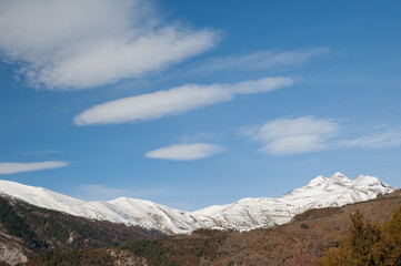 Peaks of the Ordesa and Monte Perdido National Park. From left to right: Monte Perdido, Soum de Ramond and Punta de las Olas. Huesca. Aragon. Spain.