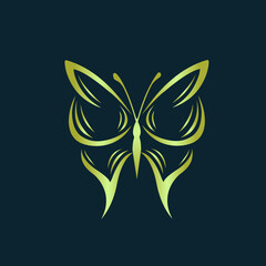 Butterfly logo.Beautiful, decorative icon with ornamental wings.Creative flying shape in golden metallic color isolated on dark background.Beauty,spa,fashion,luxury boutique,elegant art style.