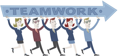 We are a teamwork, isolated. Several business people walking. They hold an arrow over their heads. Within the arrow is written the word teamwork. 