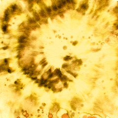 Tie Dye Spiral Background. Gold Batik Print. Old 