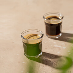Espresso with foam on beige background with palm tree. Modern stylish image of coffee