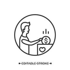 Philanthropy icon. Man donating money to church box or charity linear pictogram. Concept of good personal habits, homeless and poor people support. Editable stroke vector illustration