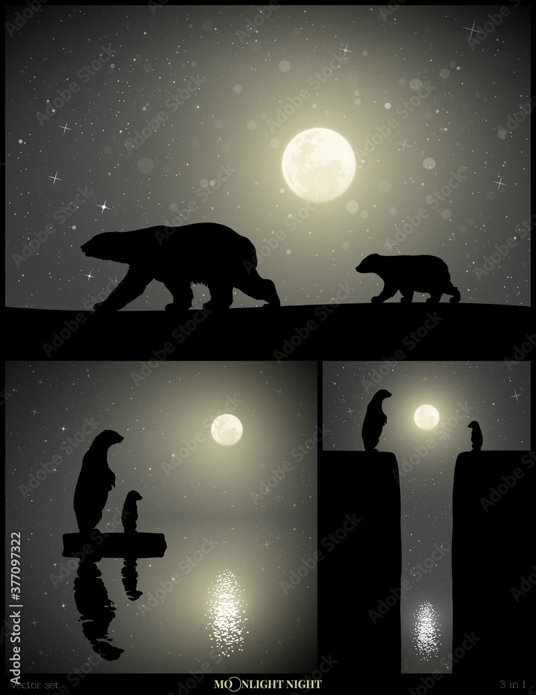 Poster polar bears family walking in snow on moonlight night. animal mother and baby silhouettes on edge of