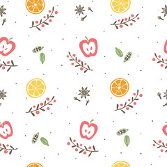 Cozy mulled wine ingredients seamless pattern.  Hand drawn lemon, orange, apple, herbs, spice, cardamom, cloves, anise. Can be used for wallpaper, fabric, wrapping paper or holiday decoration. 