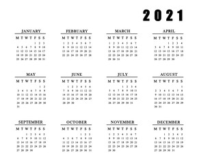 Calendar for 2021 on white background.Illustration