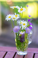 Beautiful bouquet of camomiles and daisies in a glass cup in september