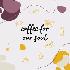 Coffee greeting illustration with liquid style background and doodle item coffee vector. World coffee day