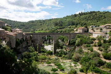 The beautiful panoramic cityscape of Minerve, the most beautiful medieval village of France, located in the picturesque mountain  valley in Pyrenees