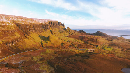 The Quiraing is a landform on the eastern face of Meall na Suiramach, the northernmost summit of the Trotternish escarpment on the Isle of Skye, Scotland. Winter in Scottish highlands, UK