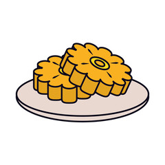 Mid autumn concept, dish with mooncakes icon, line and fill style
