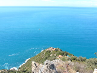 Liguria, Italy - 09/01/2020: Steep stairway overlooking the sea leading to the town of Monesteroli, in Liguria.