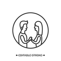 Marriage icon. Man and woman holding hands linear pictogram. Concept of choosing life partner, couple relationships and family creating, Editable stroke vector personal goals illustration