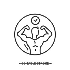 Fitness icon.Athlete man maintaining ideal body weight and muscle strength linear pictogram.Concept of sports, exercise and personal health condition. Editable stroke vector illustration for gym logo.