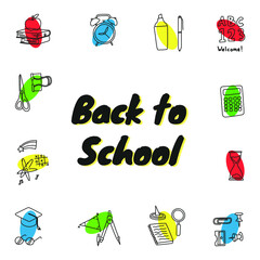 Back to school doodle illustration item with item vector line and color circle in paper background