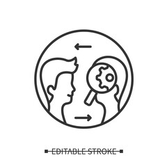 Communication skills icon. People conversation process mechanics line pictogram. Finding mentor, successful soft skills development and social interaction concept. Editable stroke vector illustration