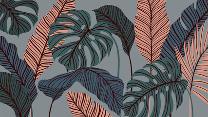 Tropical forest art deco wallpaper. Floral pattern with exotic flowers and leaves, split-leaf Philodendron plant ,monstera plant, Jungle plants line art on trendy background. Vector illustration. © TWINS DESIGN STUDIO