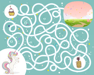 Maze game for kindergarten children. Help the unicorn get to the fairy land. Developing activities for boys and girls. Stock Vector illustration