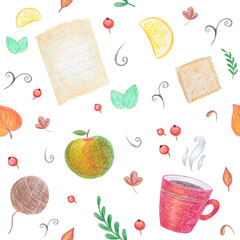 autumn illustration pattern leaves tea Apple lemon