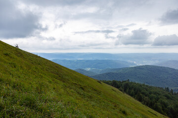 Fototapeta premium The landscape of the Carpathian mountains covered with forest is shrouded in fog and storm clouds.