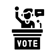 elections related boy or character speech for vote with table and mic vector in solid design,