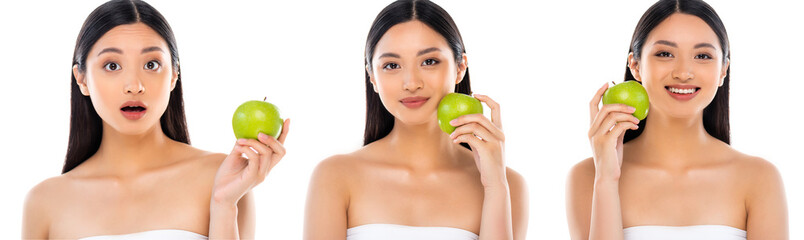 Collage of joyful asian woman holding green apple near face isolated on white