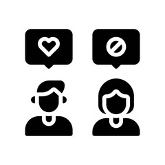 elections related boy and girl with messages popups, heart and restriction sign vector in solid design,