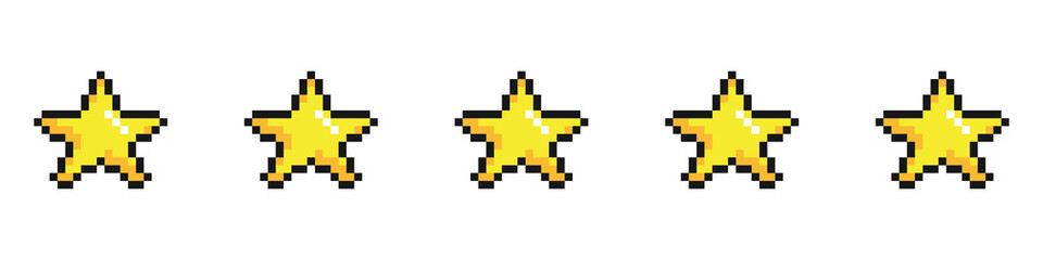 Obraz premium Set of pixel stars with video games isolated on a white background. Five stars is the difference concept. '8-bit style. Vector illustration 