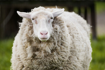 Portrait of funny face sheep chewing grass