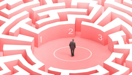 Maze Circular Ideas Business leadership and success Businessman thinking Concept. paper art style on Red  background - 3d rendering