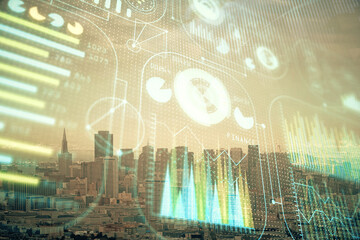 Data theme hologram drawing on city view with skyscrapers background double exposure. Technology concept.