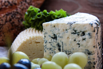 Cheese with mold on the background of products.