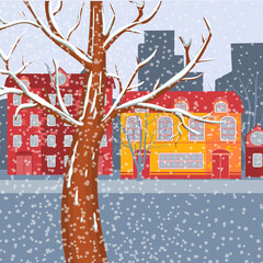Winter city street with houses and falling snow. Snow-covered city. vector