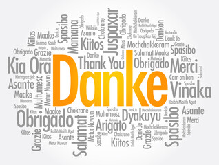Danke (Thank You in German) word cloud background in different languages