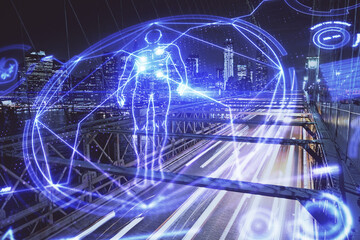 Double exposure of education theme drawing and cityscape background.