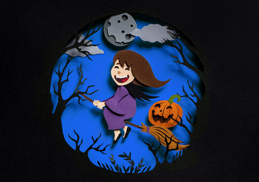Happy Halloween illustration. Smiling witch flying on broomstick with orange pumpkin on spooky forest in dark night on full moon background. 