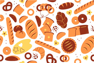Bakery seamless pattern set. Hand drawn doodle white bread loaves pastry cookies toasts buns croissants donuts meal unhealthy nutrition food. Baked wheat agricultural products illustration.